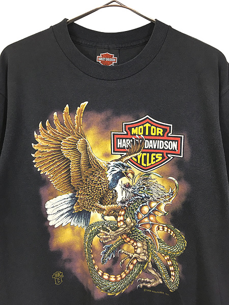 古着 80s USA製 HARLEY DAVIDSON イーグル vs ドラゴン Tシャツ L 古着