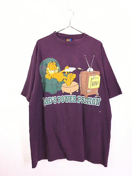 古着 90s USA製 Garfield ガーフィールド 「DAD'S POWER POSITION」 キャラクター Tシャツ XL 古着