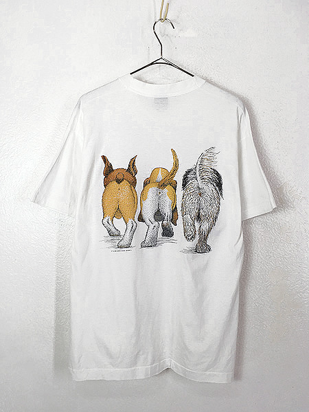 Tシャツ Ｖネック 刺繍デザイン アニマル 犬 オレンジ 古着】-