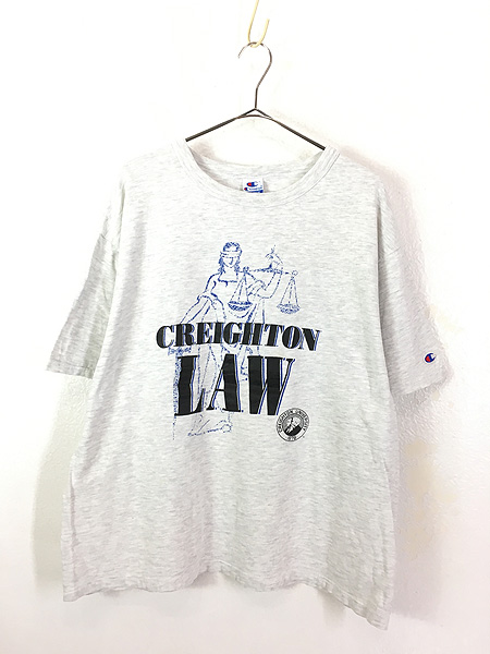 古着 90s USA製 Champion 「Creighton Law」 天秤 アート カレッジ Tシャツ XL 古着