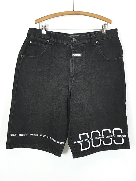 古着 90s USA製 BOSS ロゴ テープ ブラック デニム ショーツ ショート パンツ ロング丈 W37 古着【30off】 - 古着 通販  ヴィンテージ　古着屋 Dracaena ドラセナ