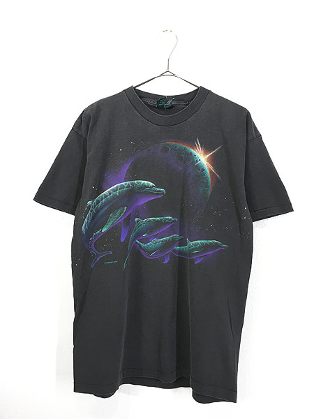 古着 90s USA製 宇宙 × イルカ 両面 グラフィック アート Tシャツ L