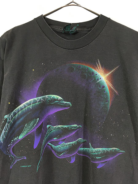 古着 90s USA製 宇宙 × イルカ 両面 グラフィック アート Tシャツ L