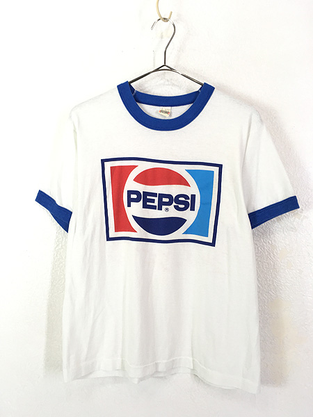 古着 80s PEPSI ペプシ コーラ ロゴ & サイン 企業 リンガー Tシャツ L