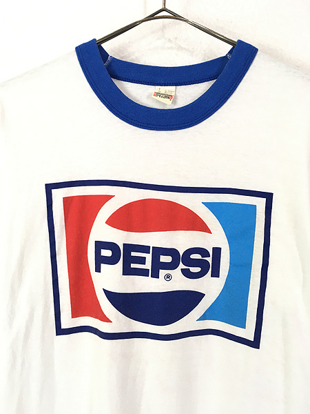 古着 80s PEPSI ペプシ コーラ ロゴ & サイン 企業 リンガー Tシャツ L