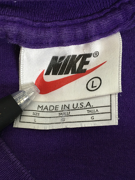 古着 90s USA製 NIKE ワンポイント スウォッシュ Ｔシャツ 紫 L 古着 