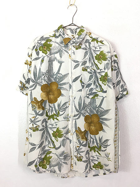 古着 90s Luomo フラワー ボタニカル アート 半袖 レーヨン シャツ M