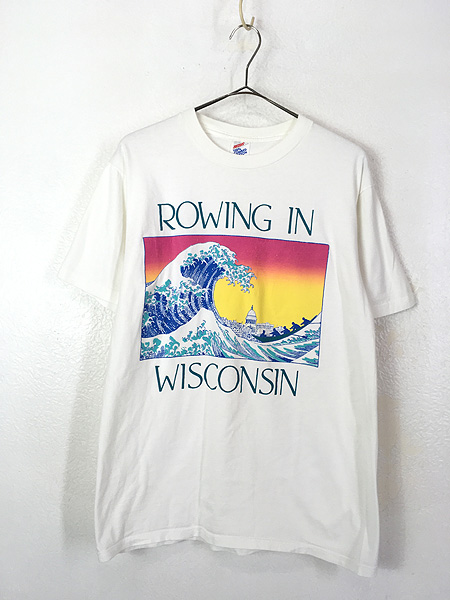 古着 80s USA製 ROWING IN WISCONSIN ボート 浮世絵 アート Tシャツ L