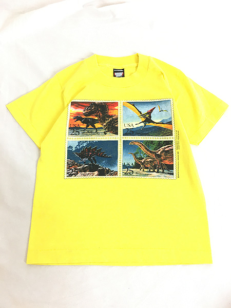 キッズ 古着 80s USA製 恐竜 4種連刷 切手 プリント Tシャツ 黄 6歳位 古着