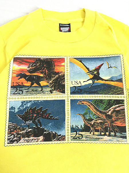 [2] キッズ 古着 80s USA製 恐竜 4種連刷 切手 プリント Tシャツ 黄 6歳位 古着