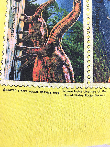 [5] キッズ 古着 80s USA製 恐竜 4種連刷 切手 プリント Tシャツ 黄 6歳位 古着