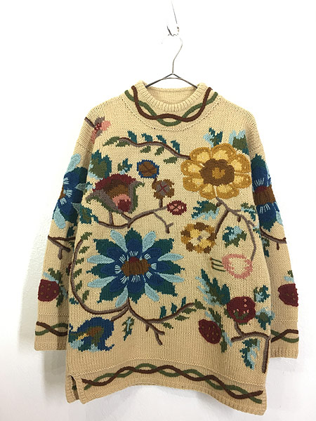 レトロ ニット セーター 刺繍 ビーズ ウール 花 モチーフ 古着 茶-