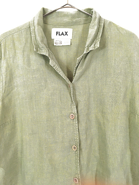 [2] レディース 古着 FLAX ナチュラル 麻 リネン オープンカラー シャツ 半袖 M 古着
