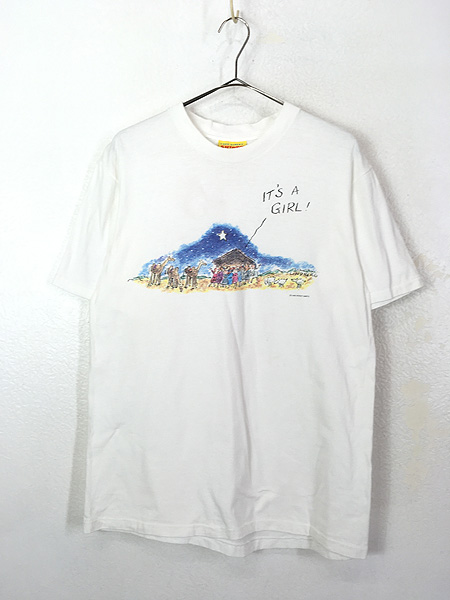 レディース 古着 90s USA製 「IT’S A GIRL」 砂漠 夜空 イラスト デザイン プリント Tシャツ L 古着