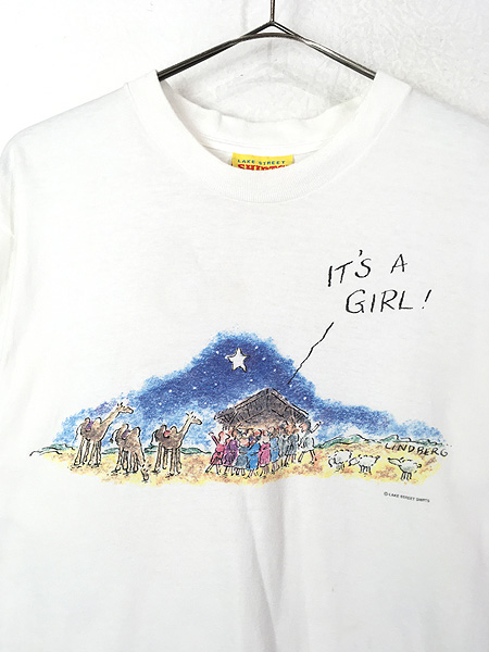 [2] レディース 古着 90s USA製 「IT’S A GIRL」 砂漠 夜空 イラスト デザイン プリント Tシャツ L 古着