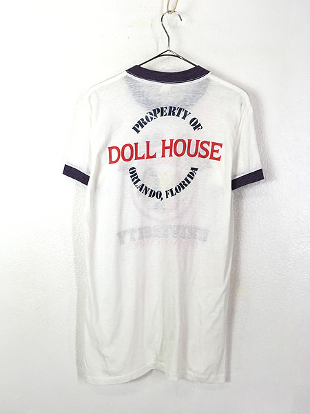 レディース 古着 80s devknit 「DOLL HOUSE」 カレッジ 両面 プリント リンガー Tシャツ XL 古着