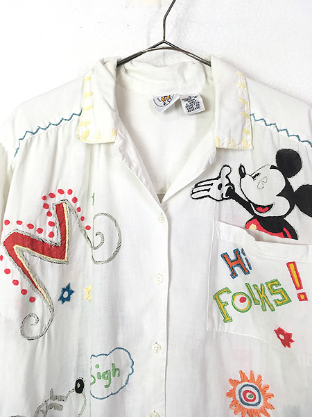 [2] レディース 古着 80s Disney ミッキー＆ミニー ハンド 刺しゅう 開襟 半袖 ボックス シャツ L位 古着