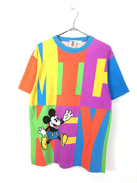 レディース 古着 80s Disney Mickey カラフル ポップ ブロック調 両面 同デザイン Tシャツ L 古着