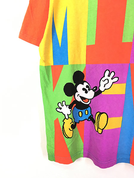 レディース 古着 80s Disney Mickey カラフル ポップ ブロック調 両面 同デザイン Tシャツ L 古着