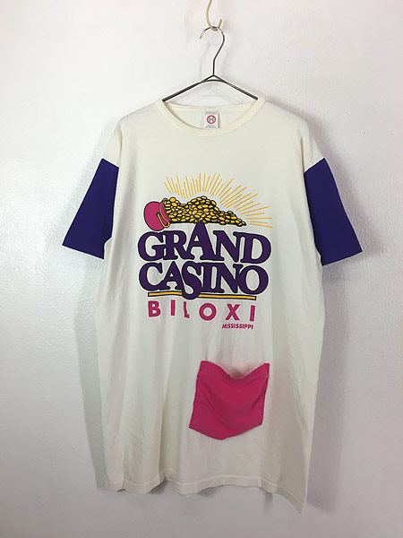 [1] レディース 古着 80s USA製 「GRAND CASINO」 カジノ パッチ ポケット Tシャツ ワンピース ショート丈 L位 古着