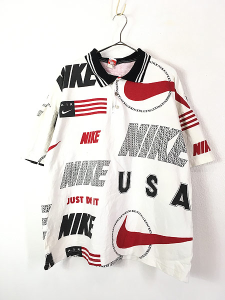 古着 90s USA製 NIKE 豪華 マルチ ロゴ 総柄 プリント ポロシャツ XL位