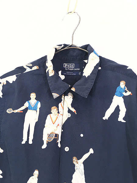 古着 90s USA製 Polo Ralph Lauren テニス 人物 総柄 ボックス 開襟