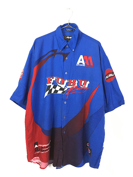 古着 90s FUBU Racing グラフィック 半袖 レーヨン レーシング シャツ 