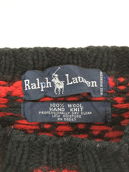 古着 90s Ralph Lauren 赤 × 黒 ネイティブ柄 肉厚 ウール ハンド 