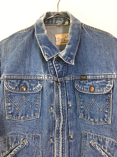 古着 70s USA製 Wrangler 24MJZ フロント ジップ ダメージ デニム ジャケット Gジャン 44 - 古着 通販 ヴィンテージ　 古着屋 Dracaena ドラセナ