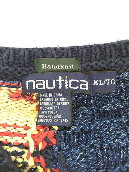 古着 90s Nautica マルチ パッチワーク コットン ハンド ニット