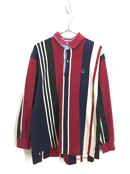 90s OLD TOMMY HILFIGER マルチストライプ 長袖 ポロシャツ-