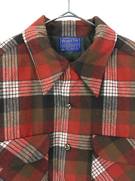 古着 70s USA製 Pendleton オレンジ チェック 開襟 ボックス ウール