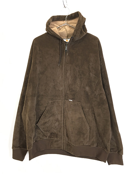 古着 80s USA製 Carhartt 裏起毛 光沢 ベロア ジップ パーカー 茶 XXL 