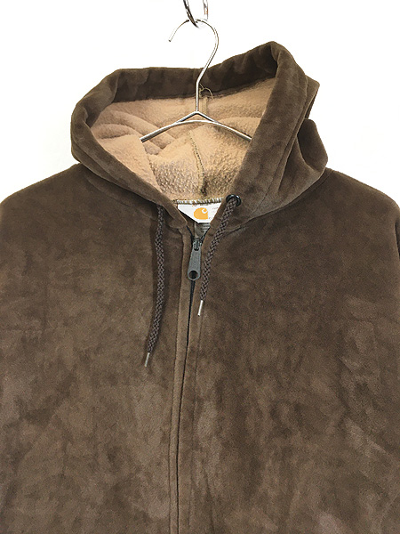 古着 80s USA製 Carhartt 裏起毛 光沢 ベロア ジップ パーカー 茶 XXL