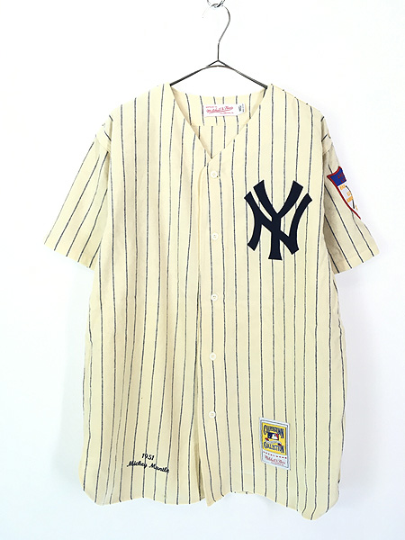 古着 USA製 MLB NY Yankees ヤンキース ストライプ 半袖 ウール ベース
