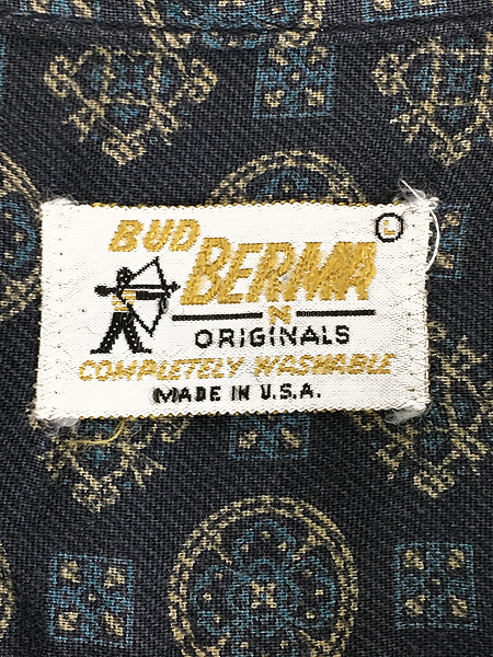 古着 60s USA製 BUD BERMA 小紋柄 ハーフジップ プルオーバー ボタンダウン シャツ L