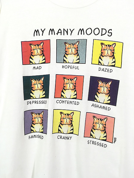 古着 90s Canada製 「My Many Moods」 猫 ネコちゃん 表情 ボックス イラスト Tシャツ XL 古着 古着 通販  ヴィンテージ 古着屋 Dracaena ドラセナ