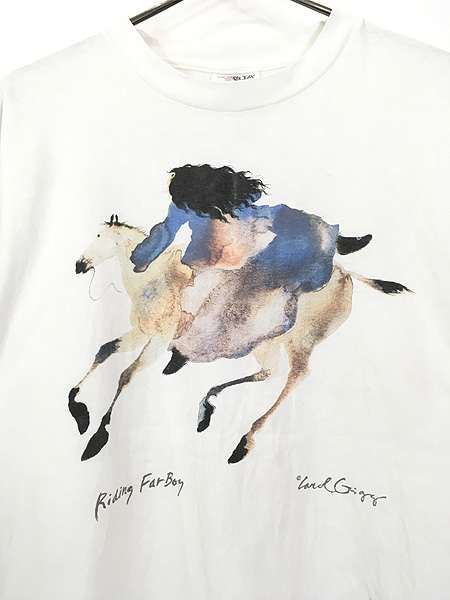 古着 90s USA製 Carol Grigg 「Riding FarBoy」 水彩 アート Tシャツ L