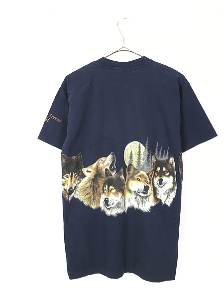古着 90s USA製 オオカミ ウルフ アニマル 両面 プリント Tシャツ M 