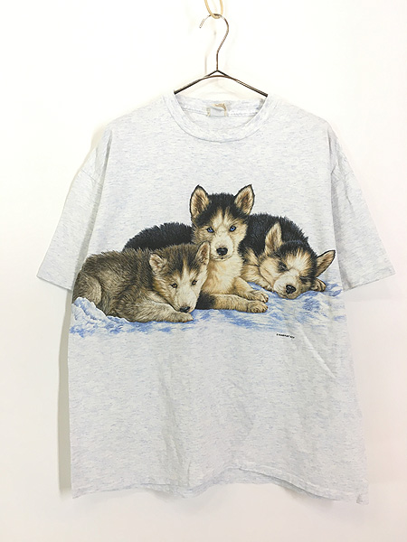 古着 90s USA製 犬 アラスカン マラミュート 子犬 両面 プリント T