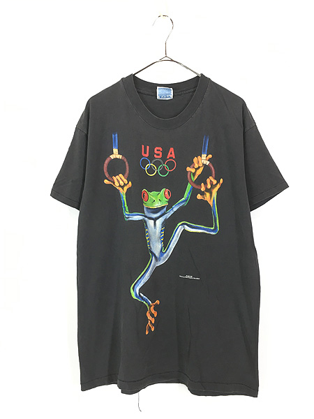 古着 90s USA製 カエル 体操 つり輪 五輪 オリンピック グラフィック デザイン Tシャツ 黒 L 古着