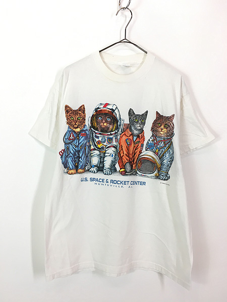 取次店古着 ビンテージ 80s Tシャツ ホワイト 白 猫 ネコCAT 探検 デザイン トップス