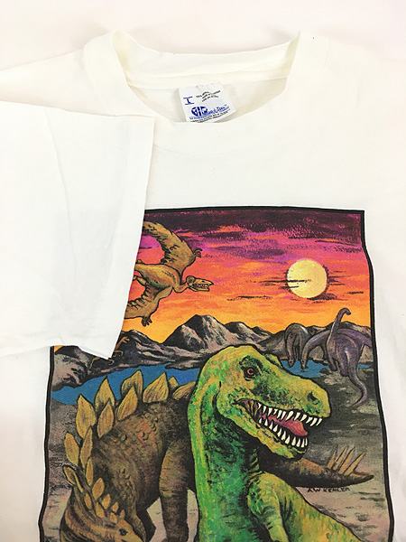 古着 90s USA製 Human-i-Tees 恐竜 イラスト アート Tシャツ L 古着