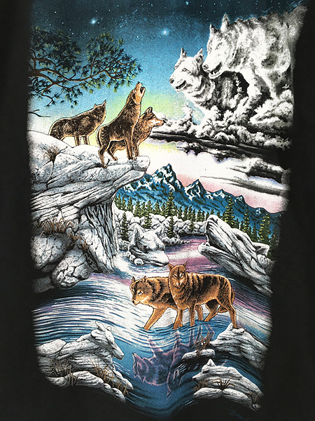 90s USA アメリカ製 刺繍 プリントスウェット アニマル ウルフ 狼 L