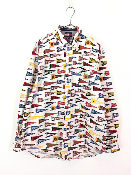 古着 90s TOMMY HILFIGER カレッジ フラッグ 総柄 コットン 半袖 BD 