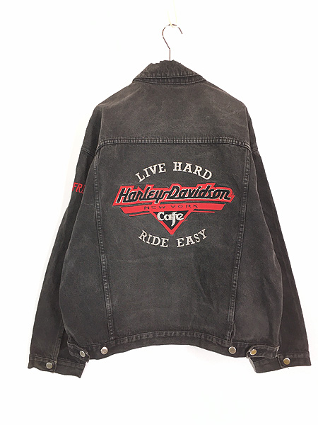 古着 90s HARLEY DAVIDSON Cafe BIG 刺しゅう ブラック デニム