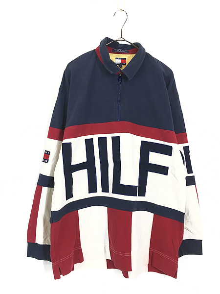 古着 90s TOMMY HILFIGER 豪華 ロゴ パッチ ハーフジップ 襟付き