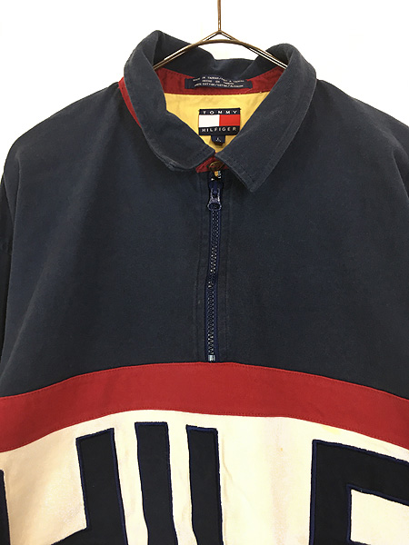 古着 90s TOMMY HILFIGER 豪華 ロゴ パッチ ハーフジップ 襟付き