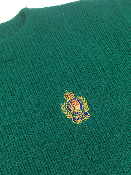 古着 90s Polo Ralph Lauren クレスト ワンポイント ソリッド 長リブ ウール ニット セーター 緑 L 古着 - 古着 通販  ヴィンテージ 古着屋 Dracaena ドラセナ