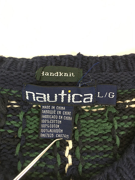 古着 90s Nautica アメリカ大陸 チェック コットン ハンド ニット